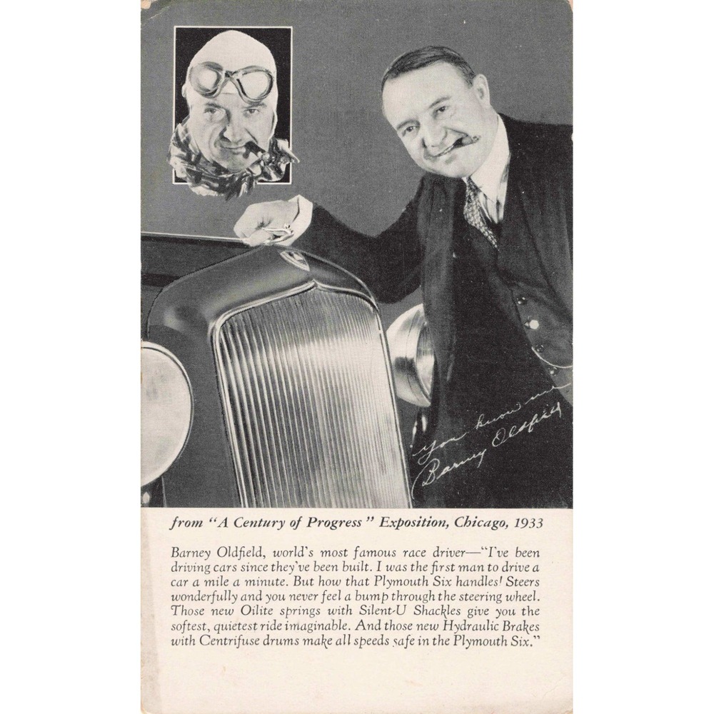 1933 Chicago World's Fair Barney Oldfield Plymouth Six Ad Card VG - Picture 1 of 2